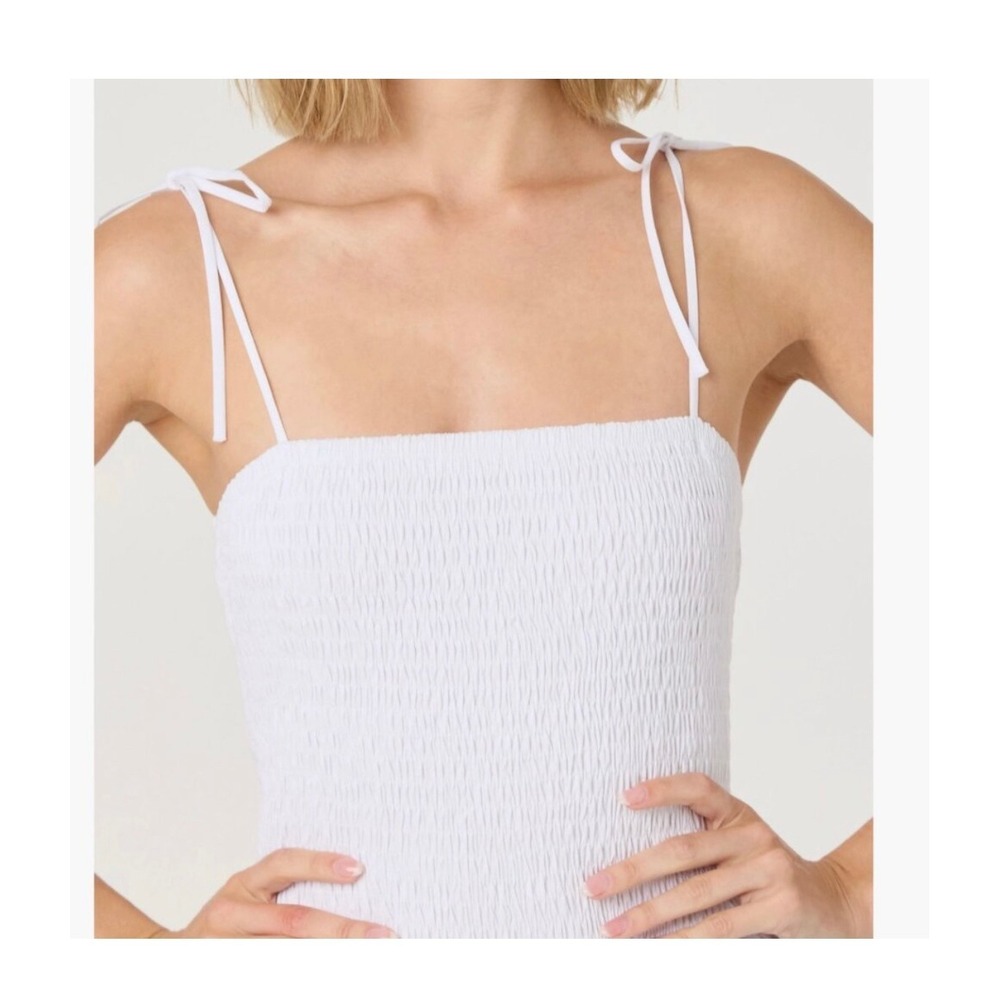 ASTR The Label White Smocked Cotton Midi Dress Tie Straps Womens M - Picture 5 of 10